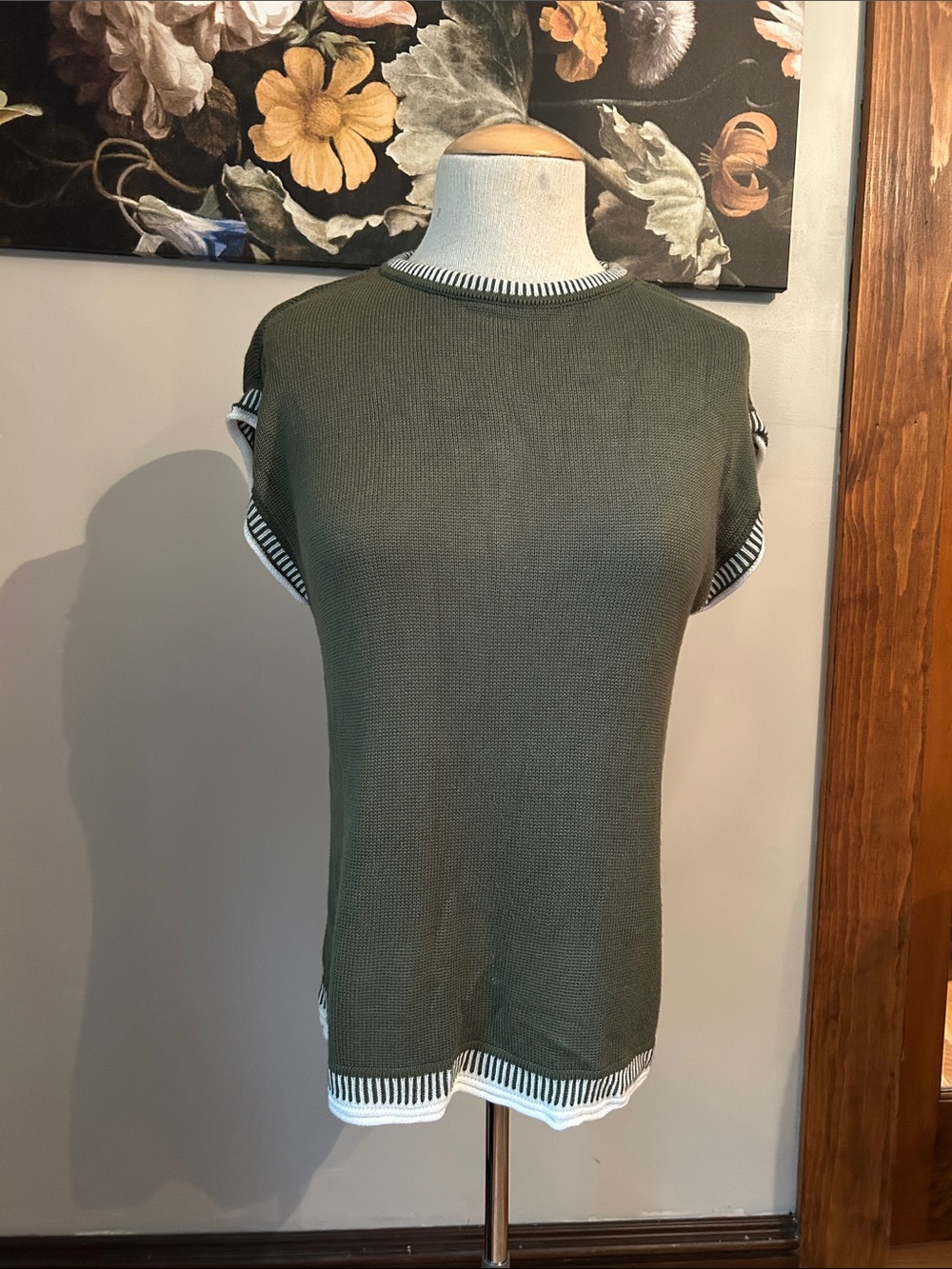 Olive Knit Tank with Contrast Stripe Trim